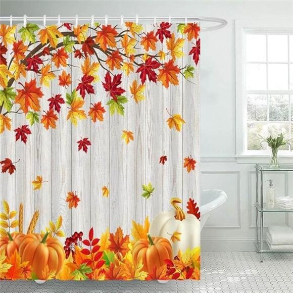 Fall Shower Curtain,Thanksgiving Pumpkin & Maple Leaves, Rustic Farmhouse 72x72" - Picture 6 of 6